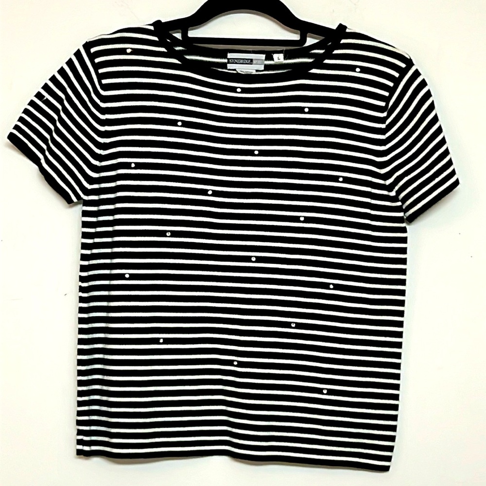 🌞 Stonebridge Sport Vintage black & white striped rhinestone adorned tee women L